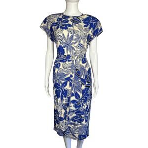 Vintage 80s Carlisle 100% Silk Blue White Floral Skirt & Blouse Set Size Small